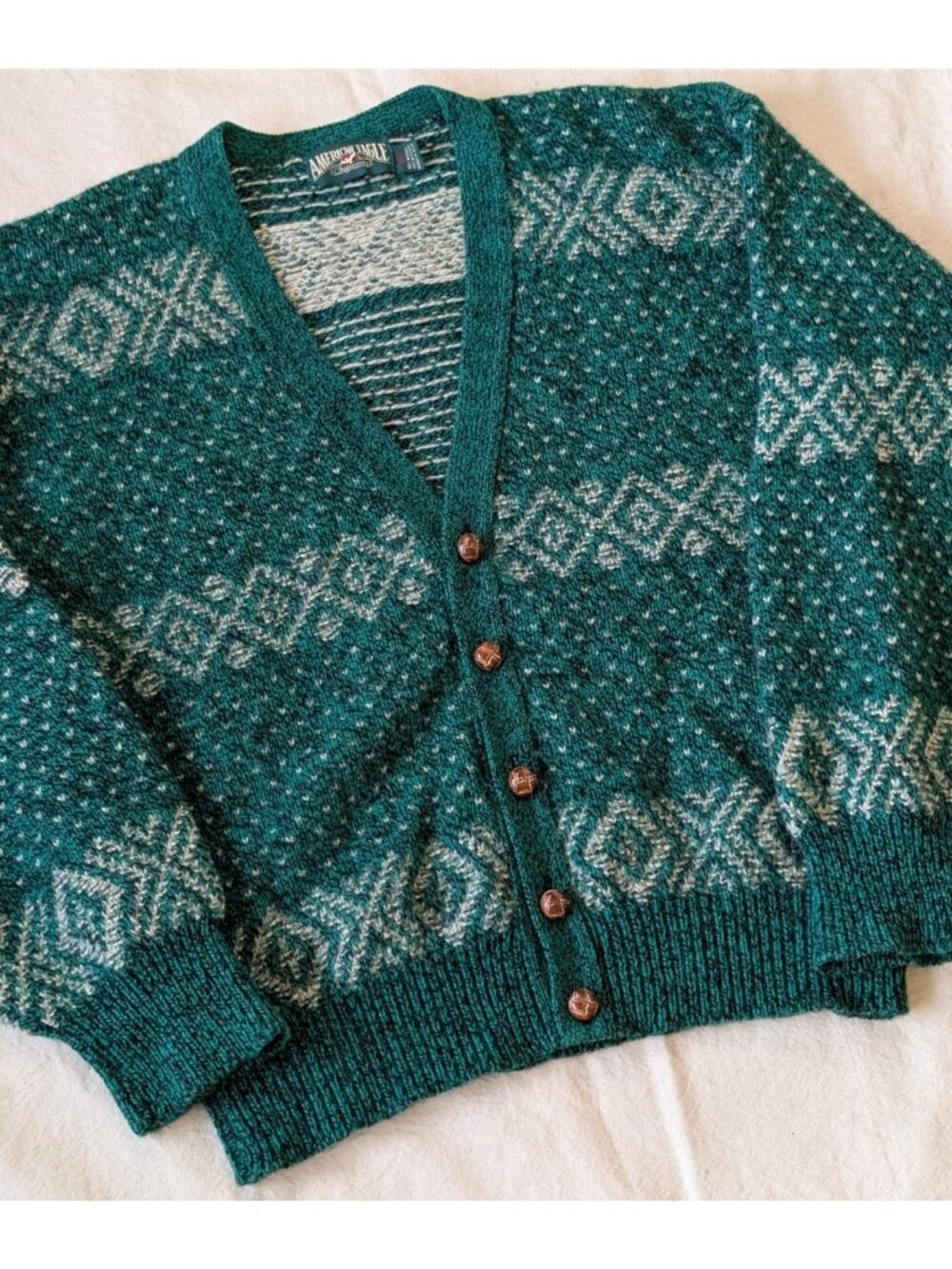 American Eagle Vintage 80s Men's Wool Knit Fair Isle Green Cardigan USA Made